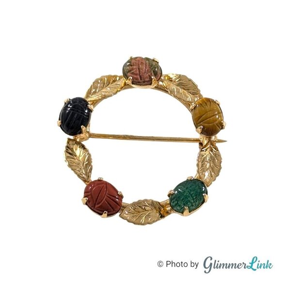 VTG Multicolor Scarab Carved Semi Precious Stones Leaves Circle Wreath Brooch - Picture 1 of 8